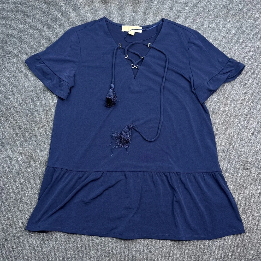 Michael Kors MK Blouse Top Womens Size Small Navy Blue Cinch Neck‎ Tasseled
